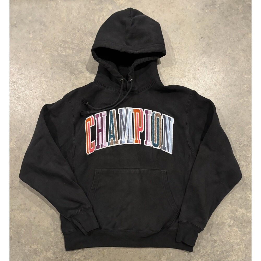 Champion Y2K Adult Reverse Weave Black Hoodie Sz Medium Fuzzy Spellout